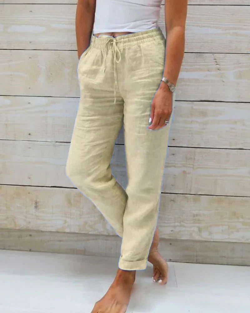 Rose - Pantalon avec ceinture élastique en coton et lin