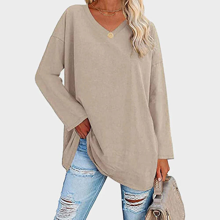 Maglia oversize da donna a manica lunga con scollo a V – Top basic casual a maniche lunghe