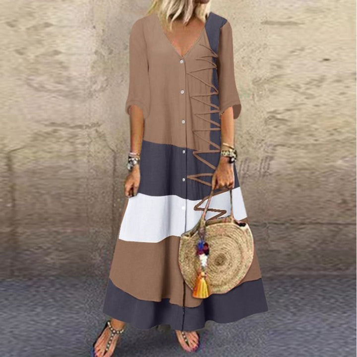 Boho Maxikleid mit V-Ausschnitt & Knopfleiste – Gestreiftes Sommerkleid mit 3/4-Ärmeln für Damen