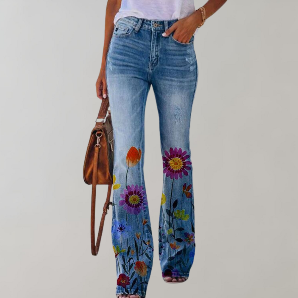 Jean flare pour femmes avec motif floral – Pantalon évasé taille haute style rétro bohème pour printemps et été