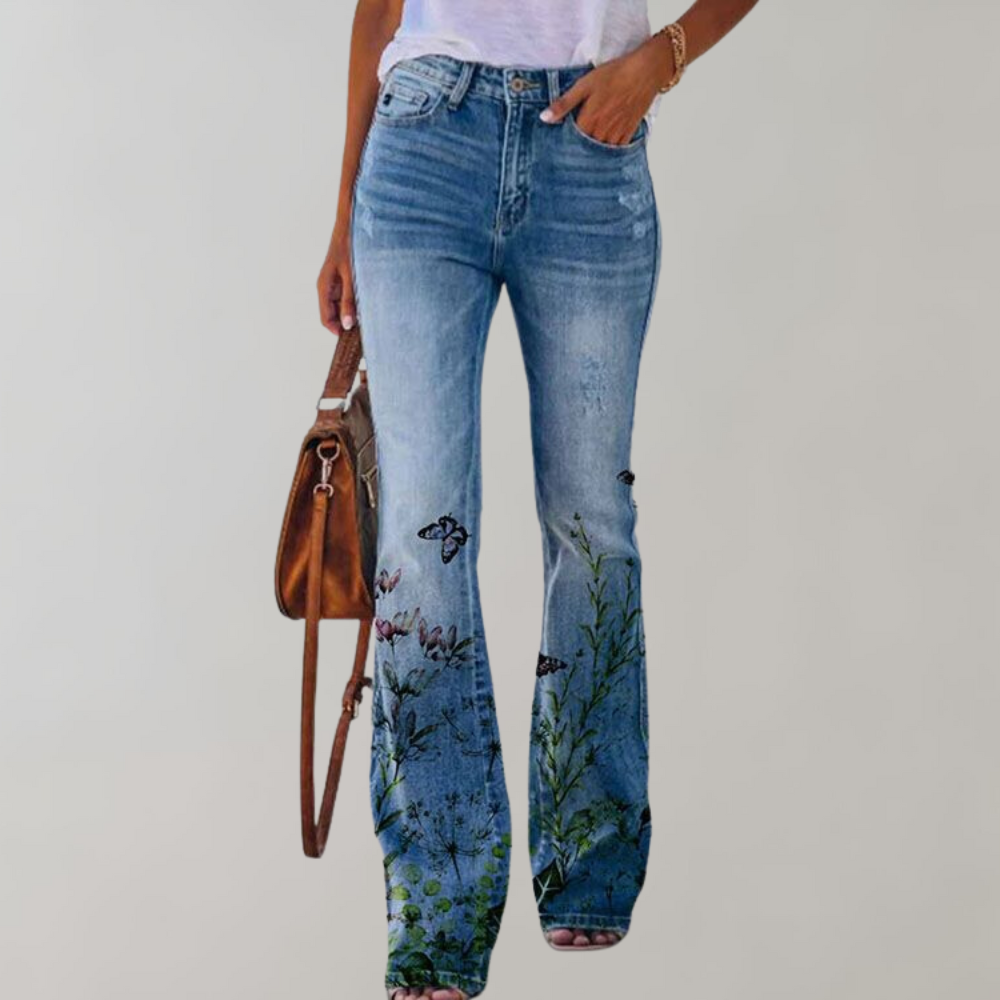 Jean flare pour femmes avec motif floral – Pantalon évasé taille haute style rétro bohème pour printemps et été