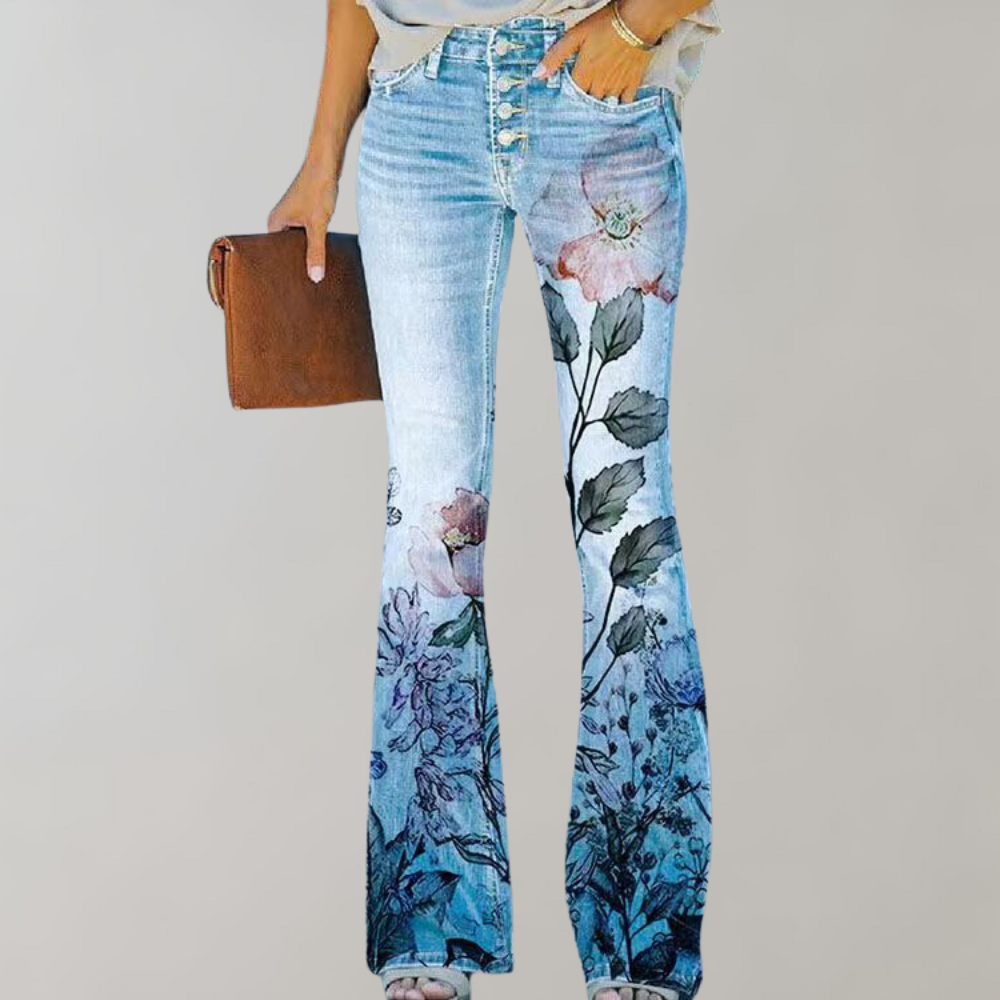 Jean flare pour femmes avec motif floral – Pantalon évasé taille haute style rétro bohème pour printemps et été