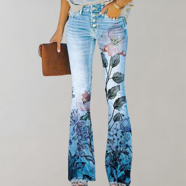 Jean flare pour femmes avec motif floral – Pantalon évasé taille haute style rétro bohème pour printemps et été