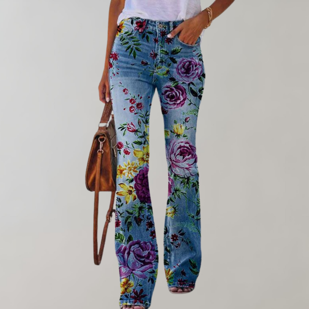 Jean flare pour femmes avec motif floral – Pantalon évasé taille haute style rétro bohème pour printemps et été