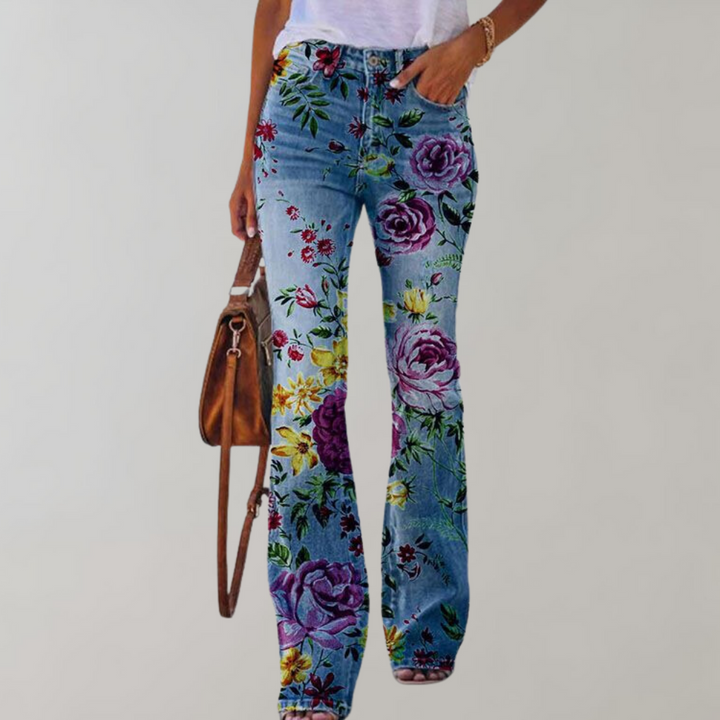 Jean flare pour femmes avec motif floral – Pantalon évasé taille haute style rétro bohème pour printemps et été