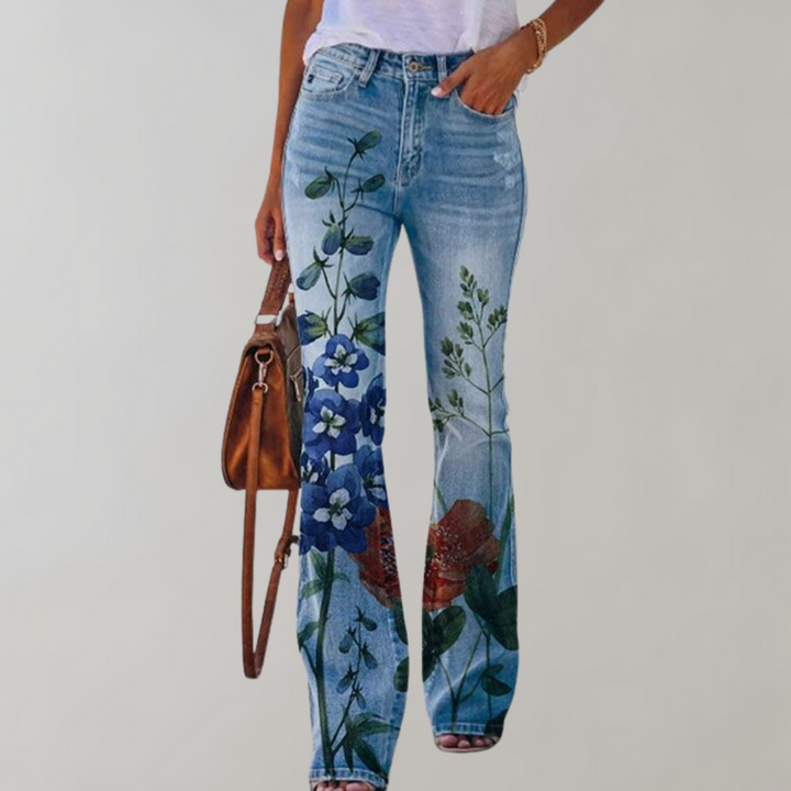 Jean flare pour femmes avec motif floral – Pantalon évasé taille haute style rétro bohème pour printemps et été