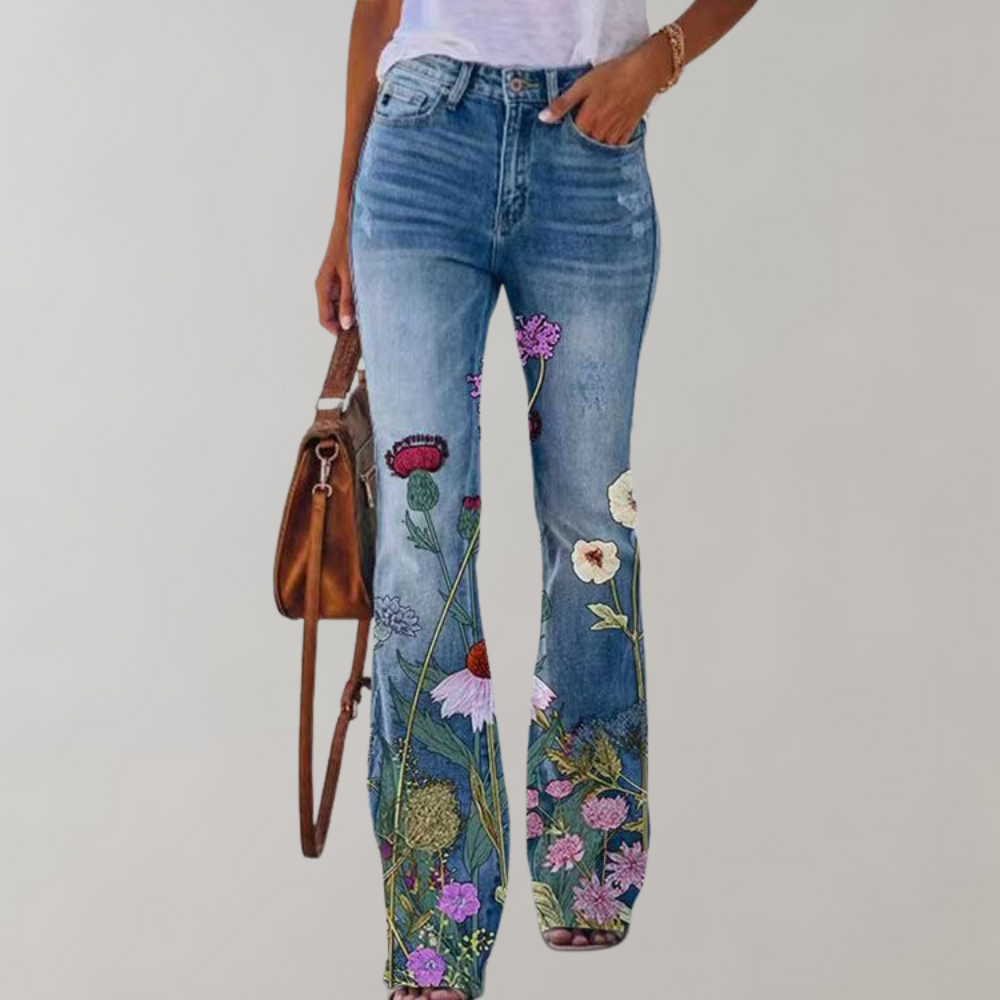 Jean flare pour femmes avec motif floral – Pantalon évasé taille haute style rétro bohème pour printemps et été
