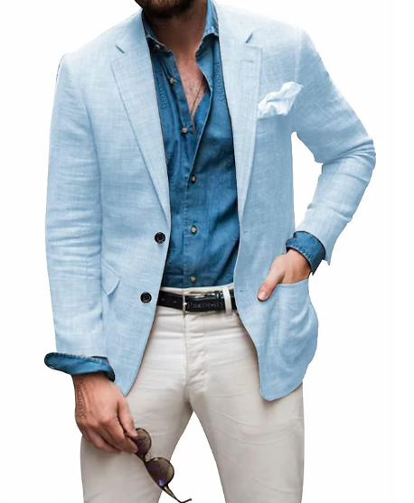 Jon - Blazer en lin pour hommes Plage Mariage Décontracté Coupe ajustée Couleur unie Simple boutonnage Deux boutons