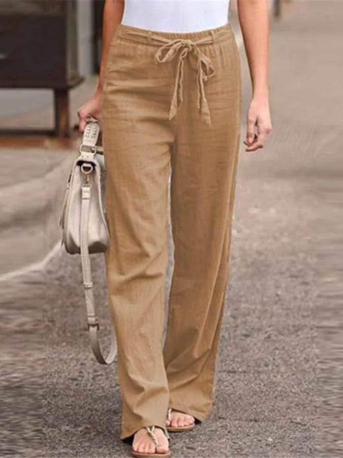 Pantalon en lin pour femmes avec nœud – Pantalon d'été ample à taille haute