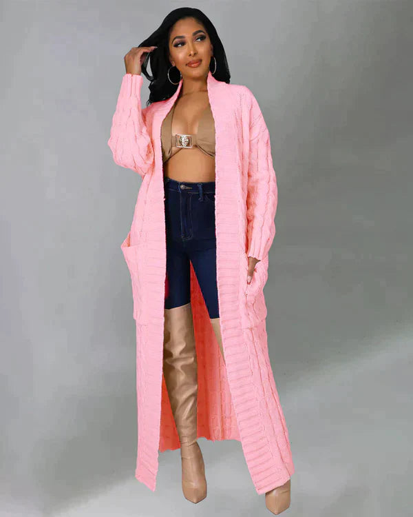 Cardigan long en tricot avec motif torsadé et poches – Manteau oversize douillet pour l'automne, l'hiver et les loisirs