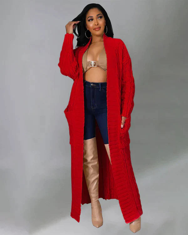 Cardigan long en tricot avec motif torsadé et poches – Manteau oversize douillet pour l'automne, l'hiver et les loisirs