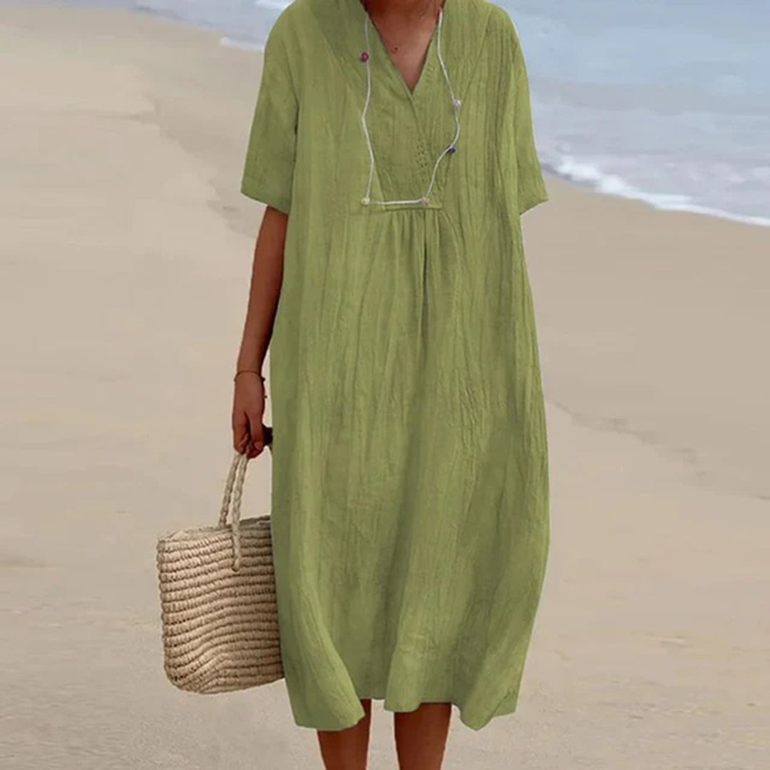 Abito estivo da donna in lino – abito da spiaggia ampio con scollo a V e maniche corte, lunghezza midi