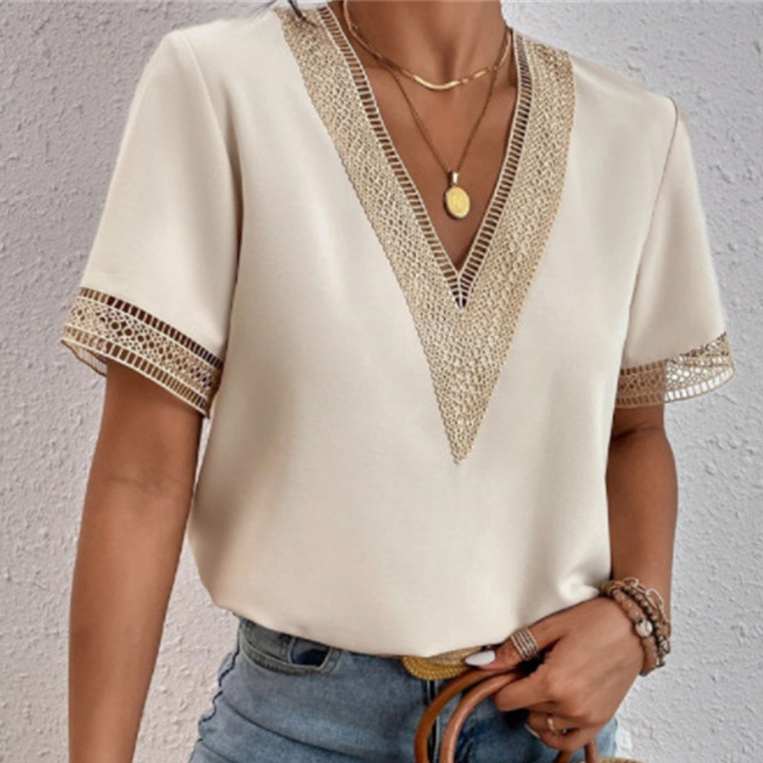 Camicetta estiva da donna con pizzo – maglietta a maniche corte con scollo a V in stile boho per vacanze e tempo libero