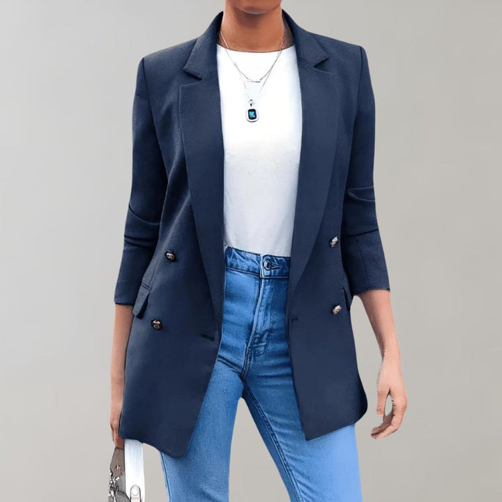 Blazer femme à double bouton – Blazer long élégant avec col à revers et manches 3/4