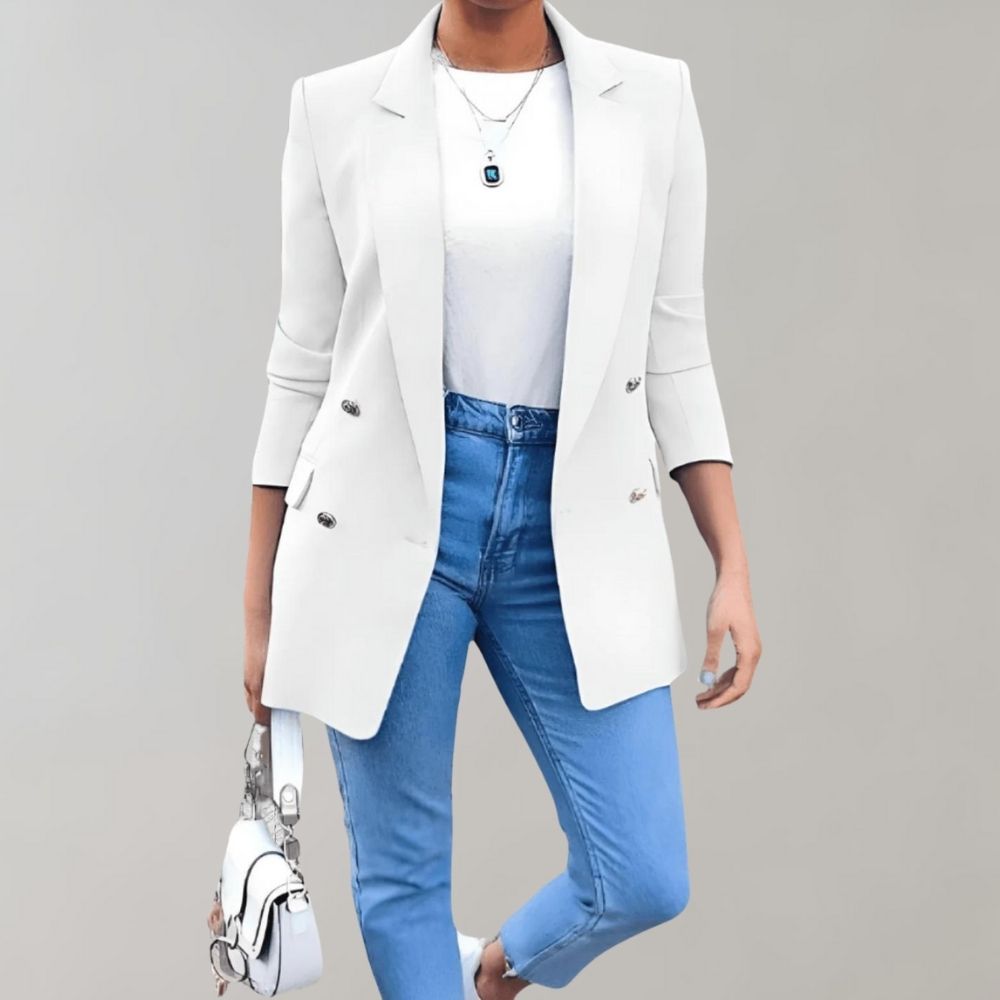 Blazer femme à double bouton – Blazer long élégant avec col à revers et manches 3/4