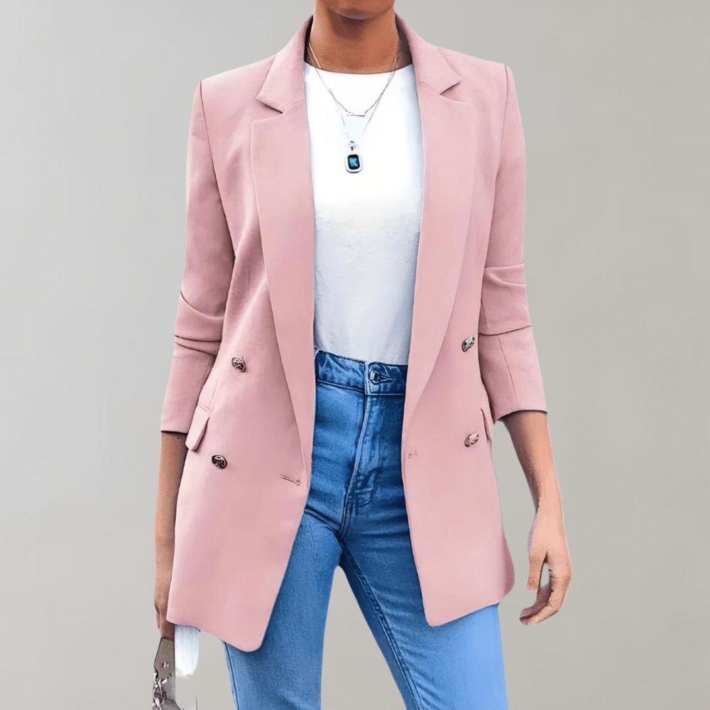 Blazer femme à double bouton – Blazer long élégant avec col à revers et manches 3/4
