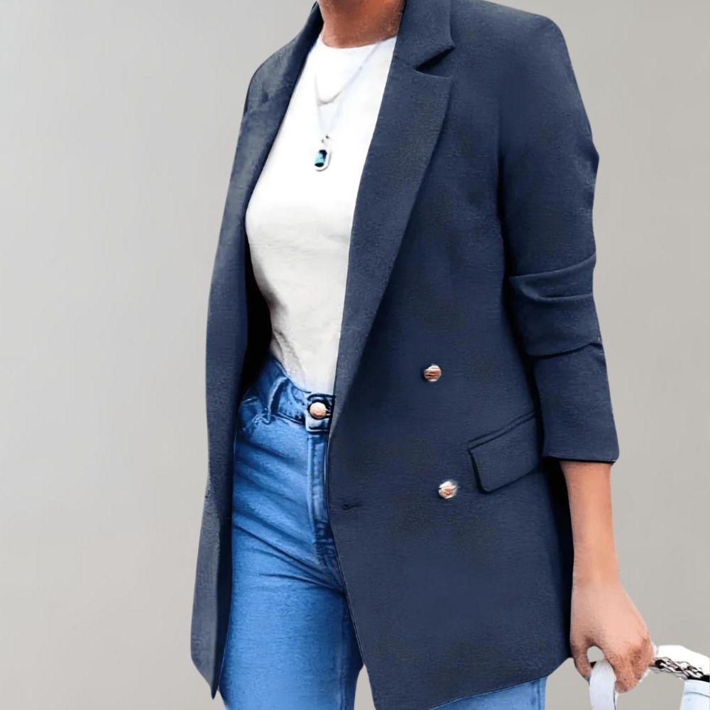 Blazer femme à double bouton – Blazer long élégant avec col à revers et manches 3/4