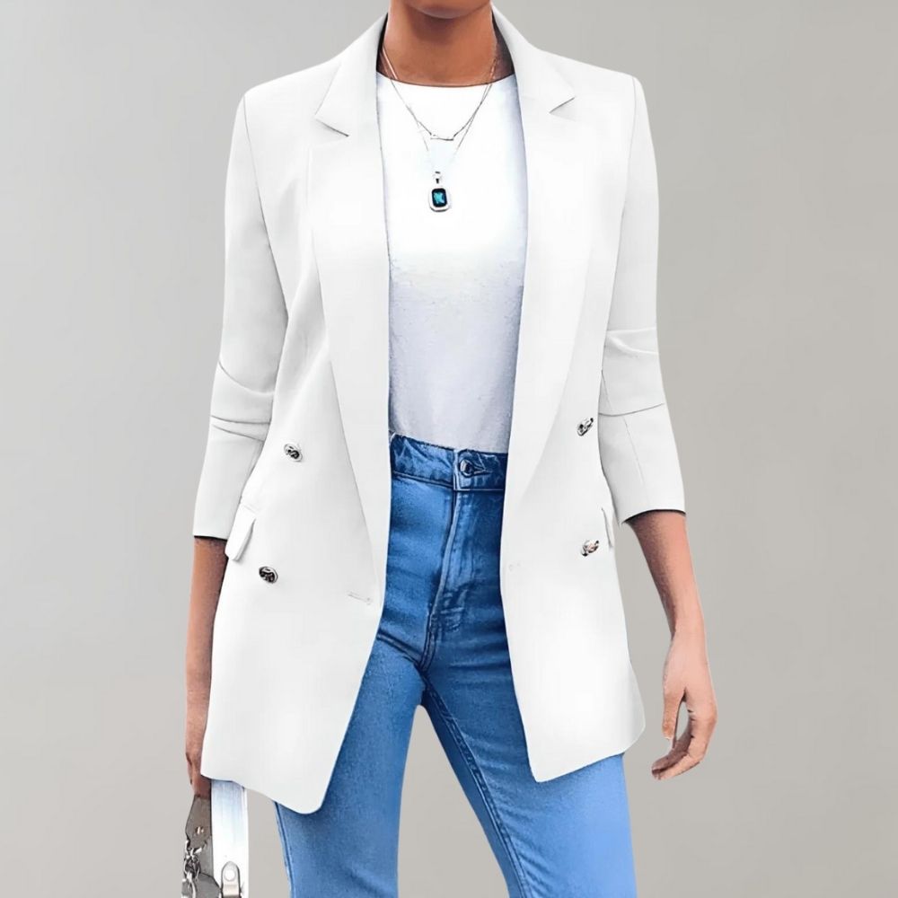 Blazer femme à double bouton – Blazer long élégant avec col à revers et manches 3/4