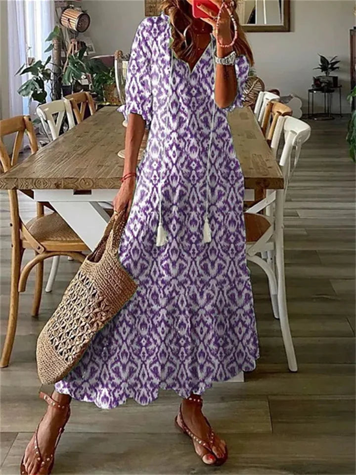 Boho Maxikleid Damen mit Blumendruck – Luftiges Sommerkleid mit V-Ausschnitt & 3/4 Ärmeln für Urlaub & Alltag