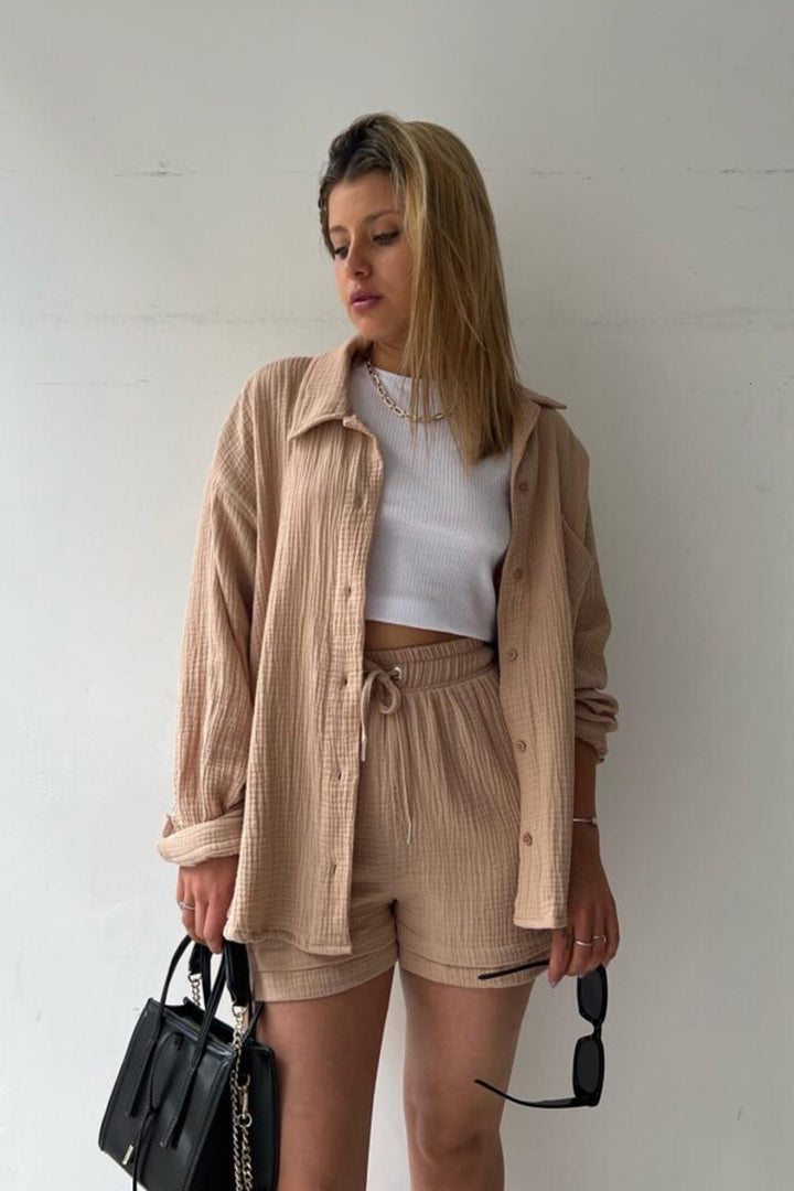 Set estivo da donna in due pezzi – Camicia oversize & shorts a vita alta in mussola di cotone