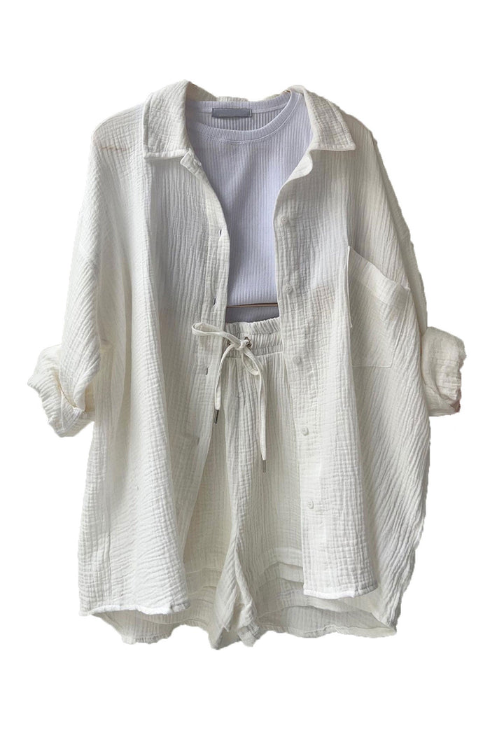 Set estivo da donna in due pezzi – Camicia oversize & shorts a vita alta in mussola di cotone