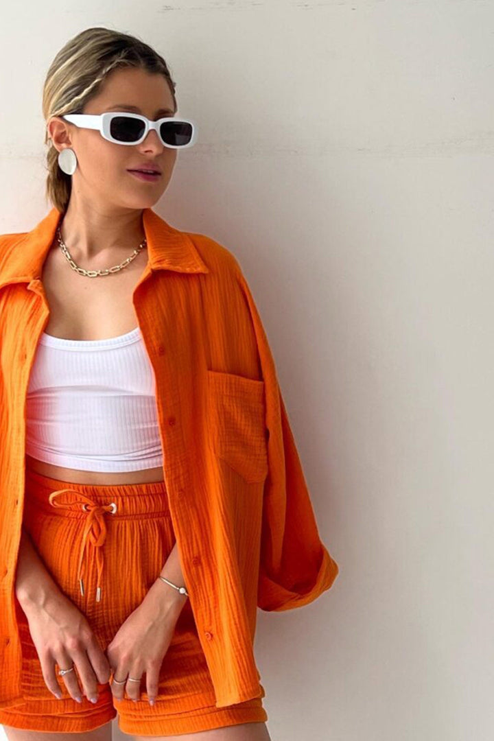 Set estivo da donna in due pezzi – Camicia oversize & shorts a vita alta in mussola di cotone
