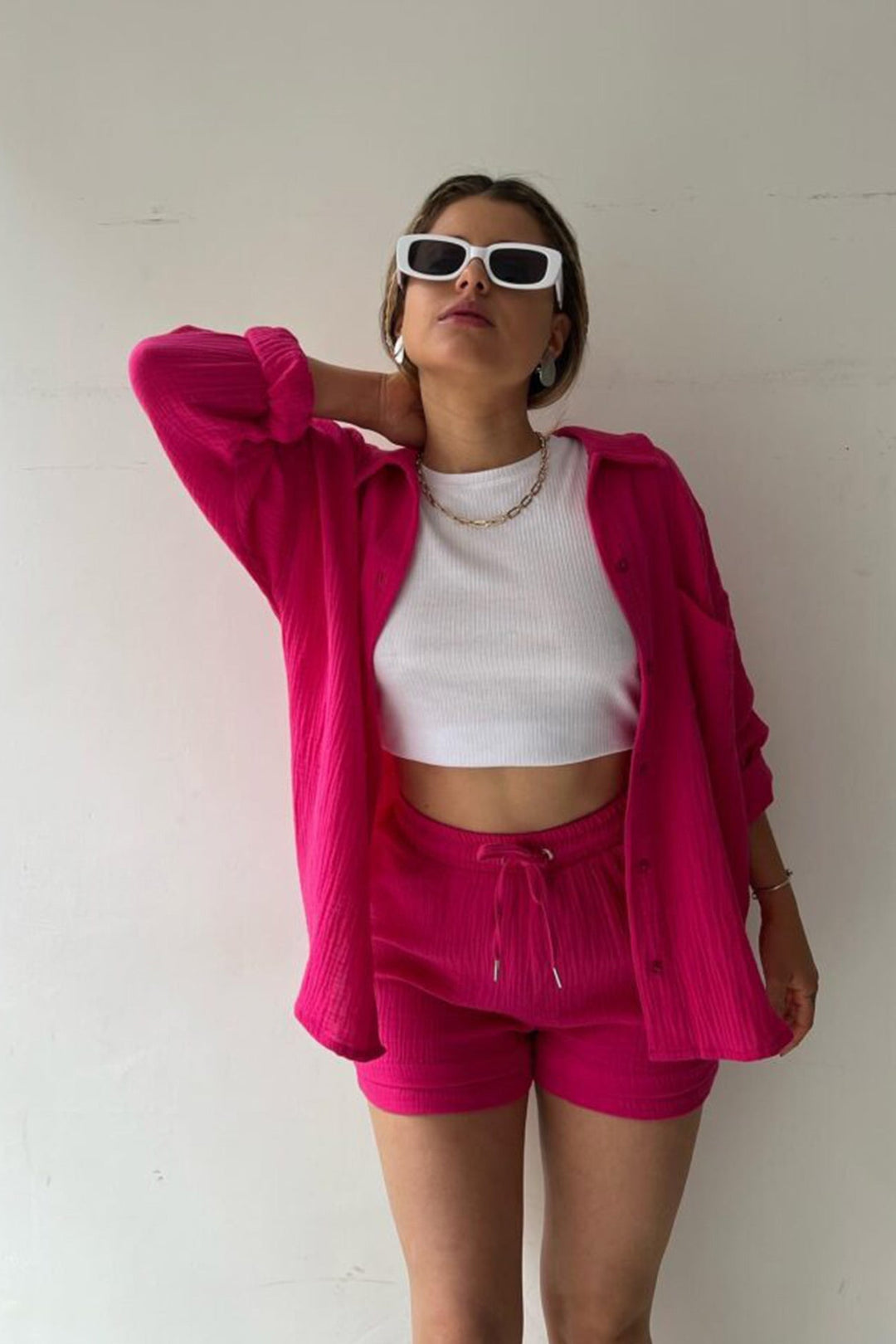 Set estivo da donna in due pezzi – Camicia oversize & shorts a vita alta in mussola di cotone