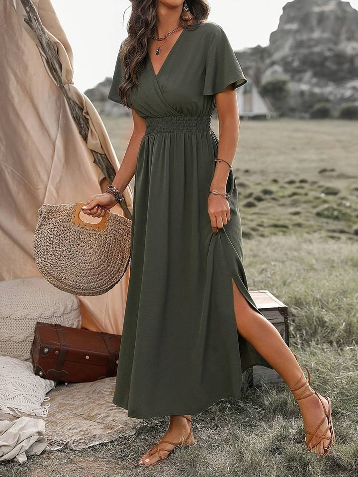 Abito lungo boho da donna con scollo a V – abito estivo con maniche corte, spacco e vita elastica per vacanze, tempo libero e festival