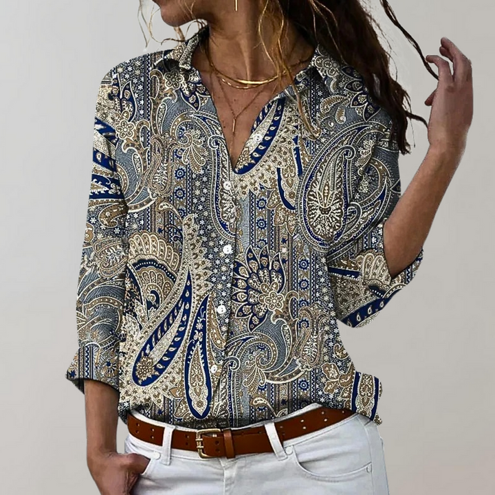 Camicetta da donna in stile boho con motivo paisley – taglio ampio con scollo a V e maniche 3/4