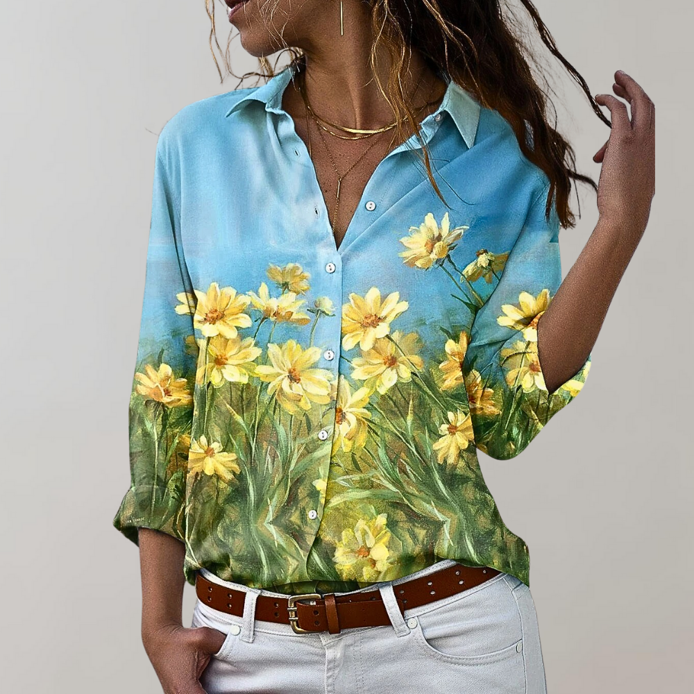 Camicetta da donna in stile boho con motivo paisley – taglio ampio con scollo a V e maniche 3/4