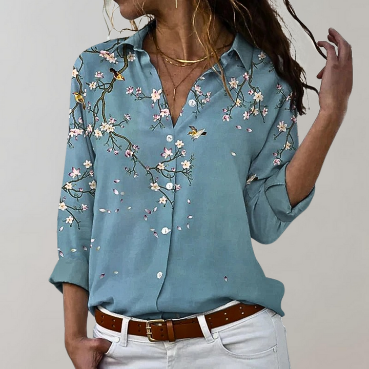 Camicetta da donna in stile boho con motivo paisley – taglio ampio con scollo a V e maniche 3/4