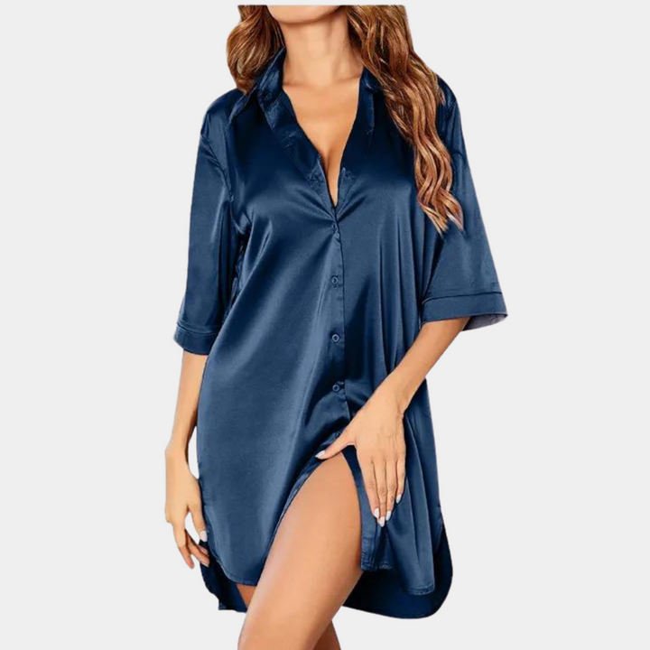 Camicia da notte in satin da donna con abbottonatura – elegante camicia da notte oversize con colletto a camicia per notte e lounge