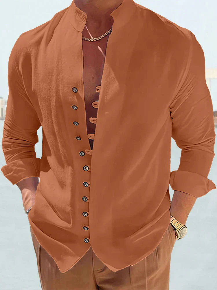 Chemise décontractée manches longues pour homme – Chemise stylée avec patte de boutonnage asymétrique et col montant