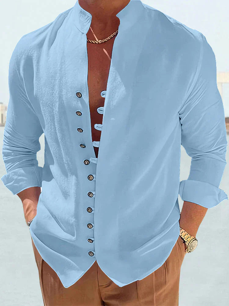 Chemise décontractée manches longues pour homme – Chemise stylée avec patte de boutonnage asymétrique et col montant