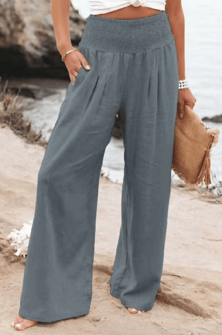 Pantaloni estivi larghi da donna con coulisse arricciata – Pantaloni da spiaggia ariosi con vita alta e taglio palazzo