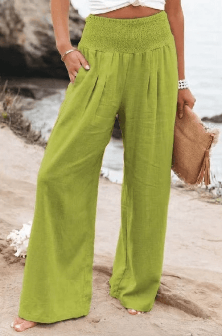 Pantaloni estivi larghi da donna con coulisse arricciata – Pantaloni da spiaggia ariosi con vita alta e taglio palazzo