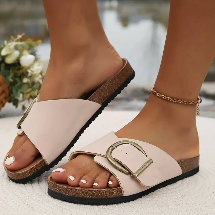 Damen Komfort-Sandalen mit großer Schnalle – Bequeme Sommerschuhe zum Hineinschlüpfen für Alltag, Strand & Freizeit