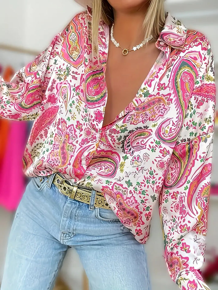 Camicetta da donna con stampa paisley e finitura satinata – Camicetta ampia con maniche lunghe per primavera, estate e look da festival