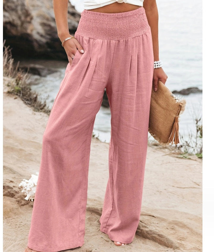 Pantaloni estivi larghi da donna con coulisse arricciata – Pantaloni da spiaggia ariosi con vita alta e taglio palazzo