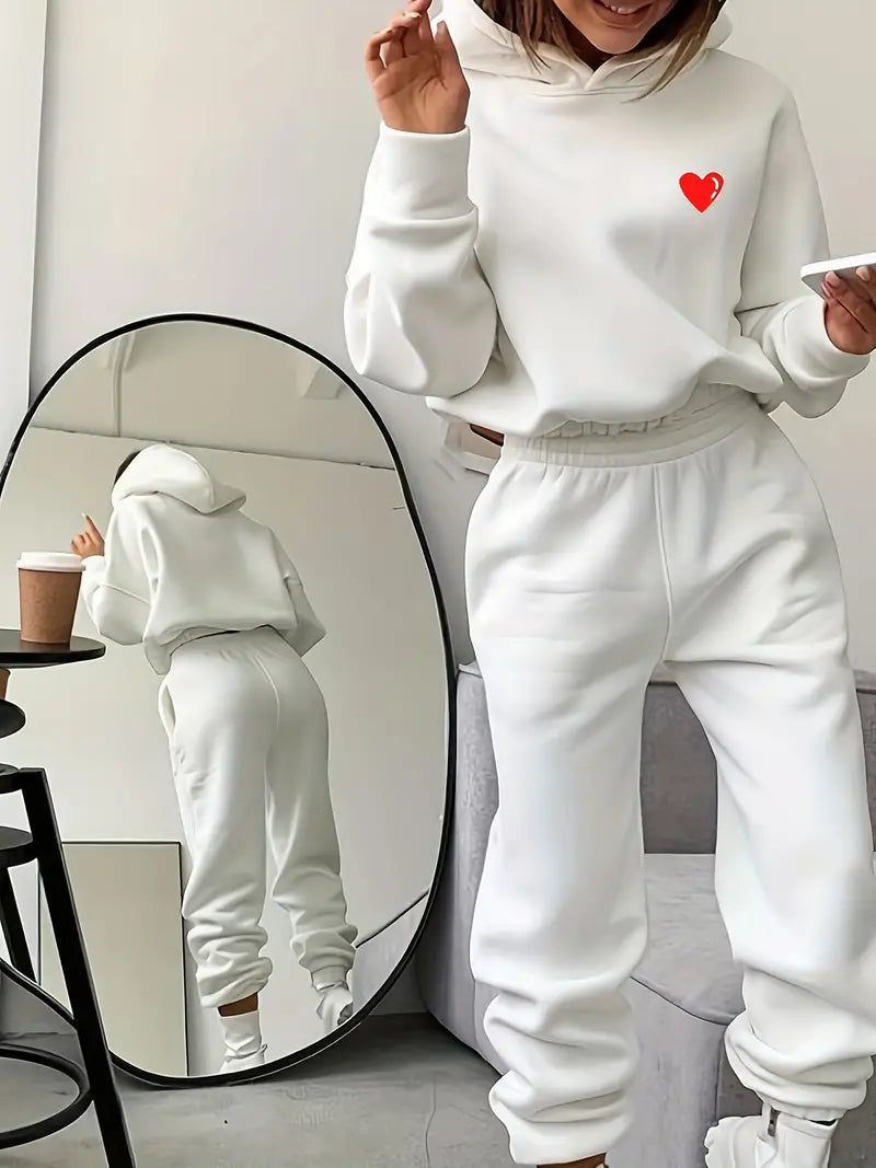 Set in due pezzi, felpa con cappuccio a maniche lunghe con stampa a cuore & pantaloni outfit
