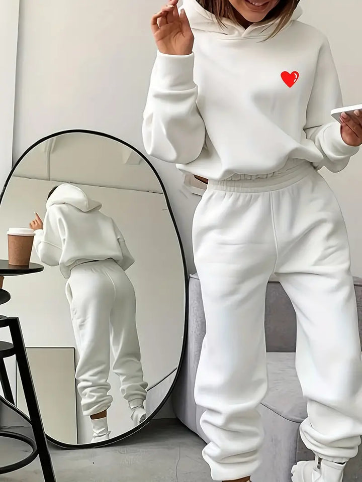 Set in due pezzi, felpa con cappuccio a maniche lunghe con stampa a cuore & pantaloni outfit