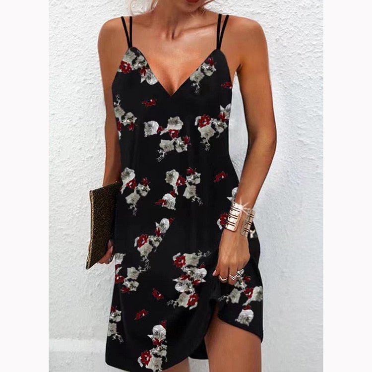 Vestito floreale da donna con spalline sottili – Vestito estivo corto con scollo a V e stampa floreale – Perfetto per vacanze e uso quotidiano