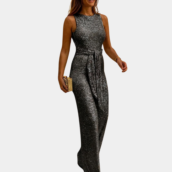 Elegante tuta da donna con paillettes – senza maniche, vita alta con cintura, tuta scintillante per serate ed eventi party