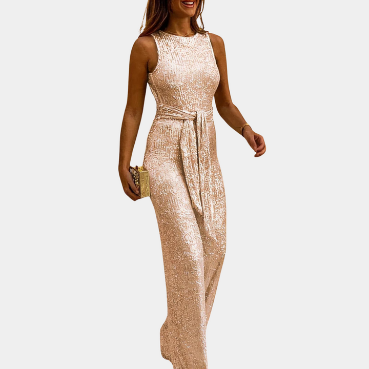 Elegante tuta da donna con paillettes – senza maniche, vita alta con cintura, tuta scintillante per serate ed eventi party