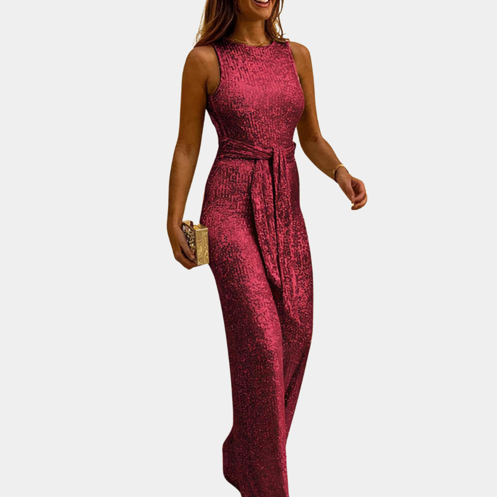 Elegante tuta da donna con paillettes – senza maniche, vita alta con cintura, tuta scintillante per serate ed eventi party