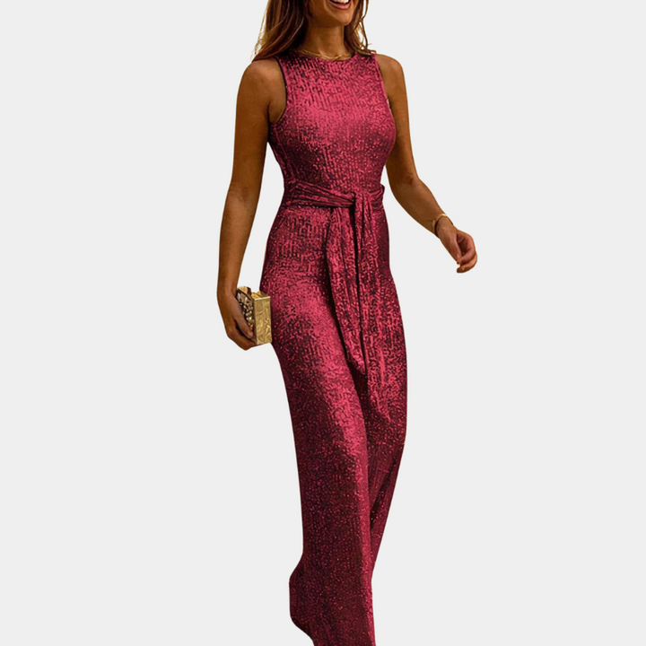 Elegante tuta da donna con paillettes – senza maniche, vita alta con cintura, tuta scintillante per serate ed eventi party
