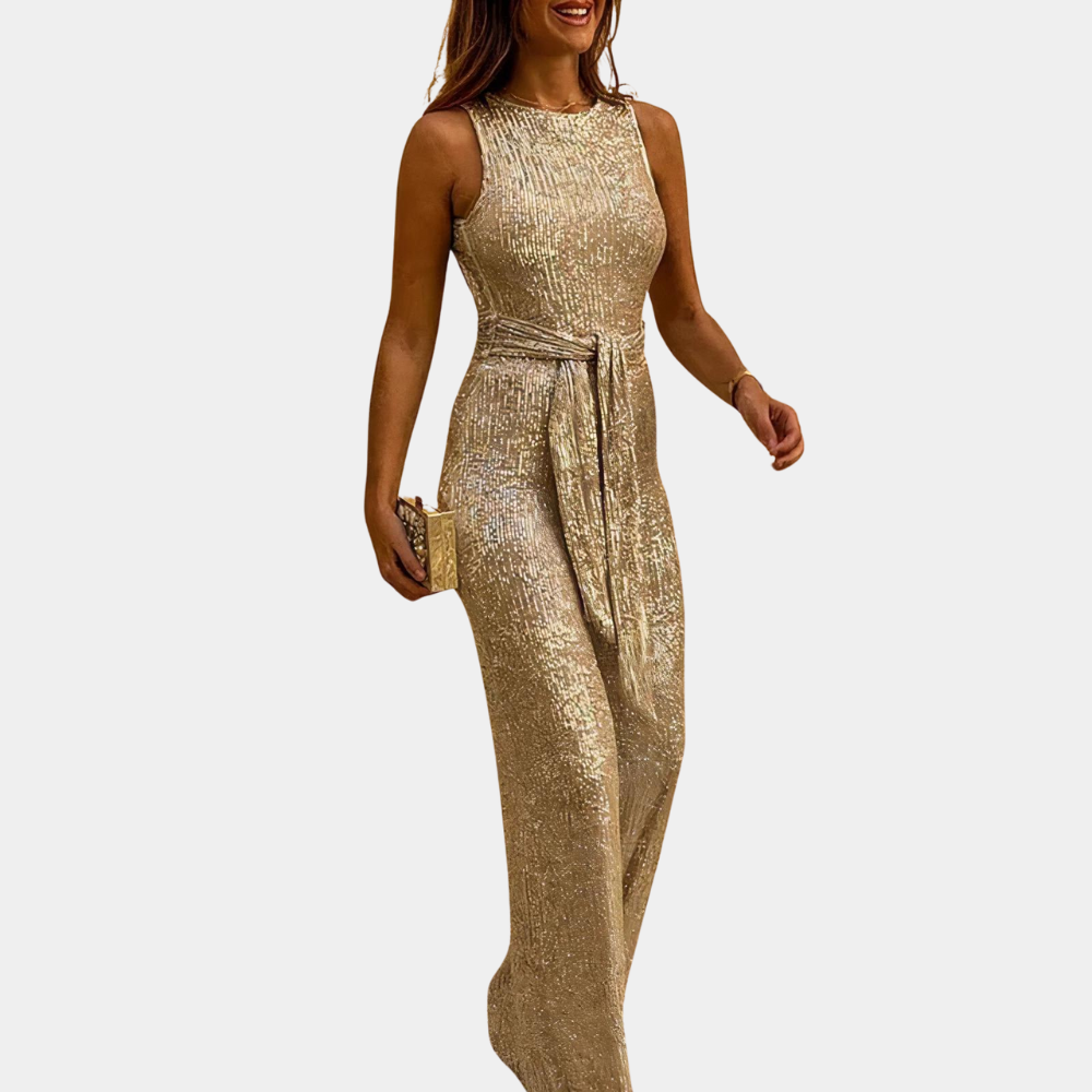 Elegante tuta da donna con paillettes – senza maniche, vita alta con cintura, tuta scintillante per serate ed eventi party