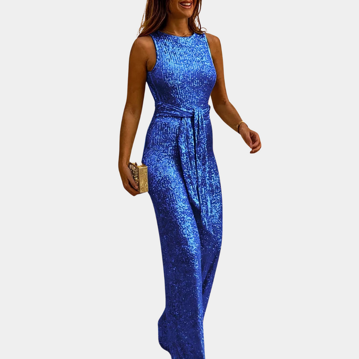Elegante tuta da donna con paillettes – senza maniche, vita alta con cintura, tuta scintillante per serate ed eventi party