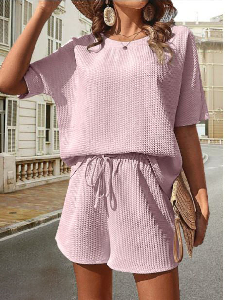 Zweiteiliges Lounge-Set aus Waffelstrick – Oversize Shirt & Shorts mit Kordelzug