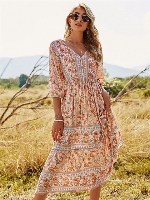 ALMA - Vestito Bohemien con motivo floreale